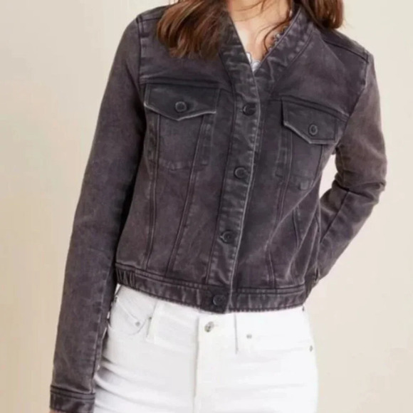 ANTHROPOLOGIE Bibiana Bomber Denim Jacket Acid Wash Black Gray size LP - Picture 10 of 11
